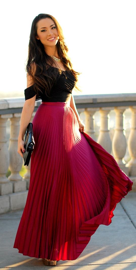 burgundy long skirt outfit