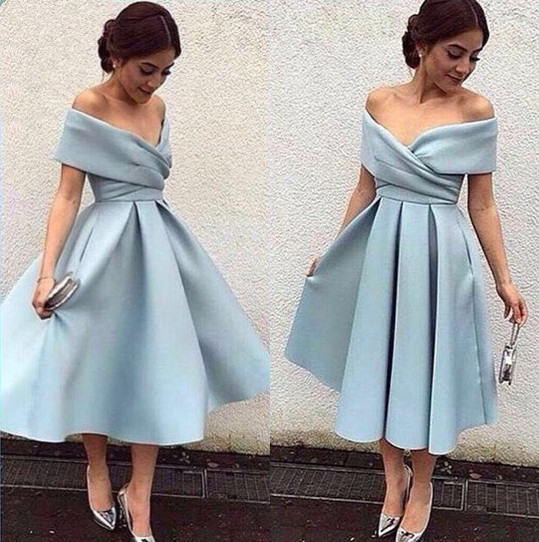dusty blue off the shoulder bridesmaid dress