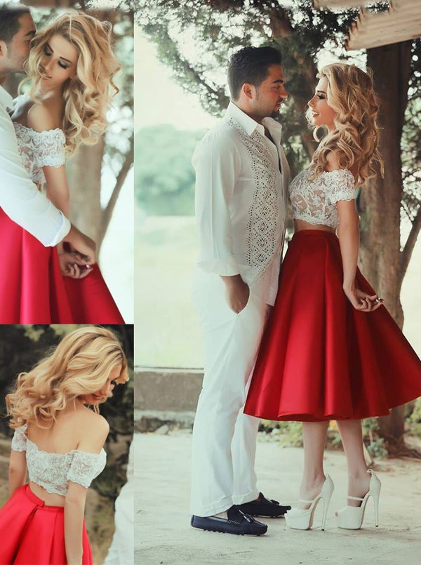 Two Pieces Dress,lace Top Dress,satin Red